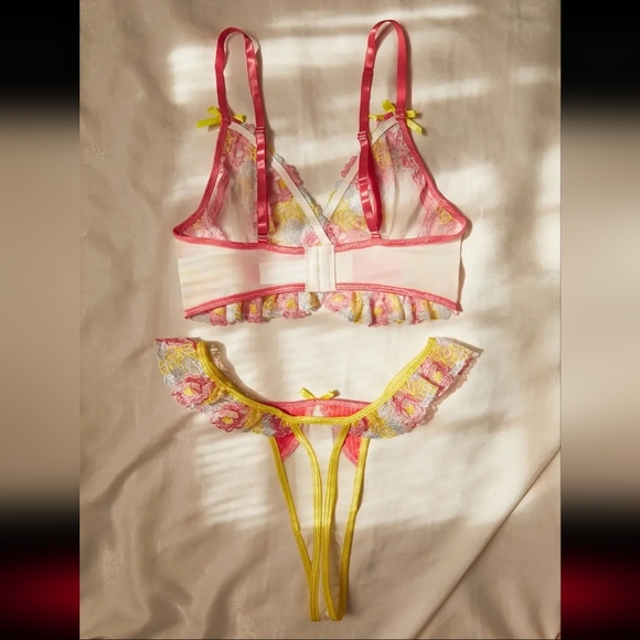 2 For $40 NEW! New! Floral Lace Lingerie Set in Pink and Yellow Size XL - Picture 2 of 5